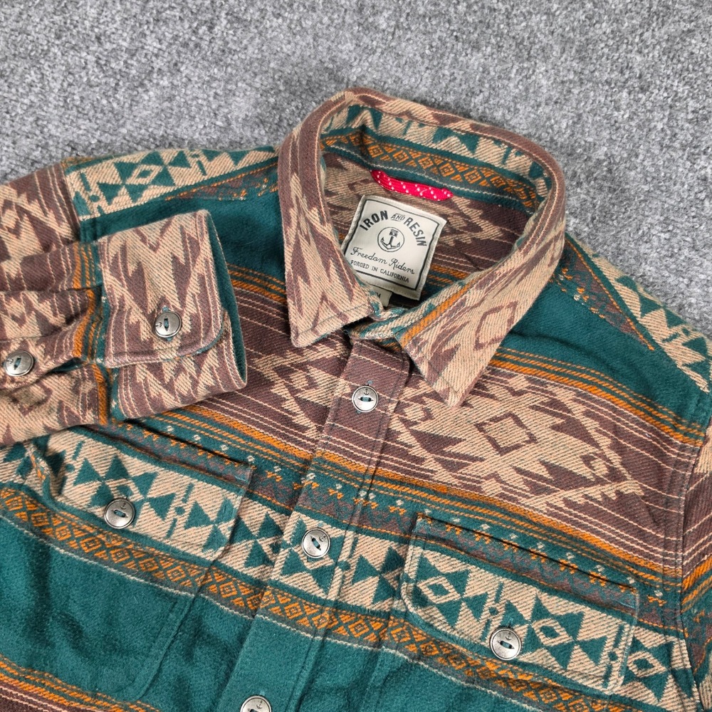 Iron & Resin Flannel Shirt Mens M Teal Brown Southwestern Aztec Freedom Riders